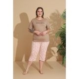 Temporium Kadın Curve Büyük Beden Milan Kumaş Kapri Kısa Kollu Pijama Takımı - Bej - 3XL