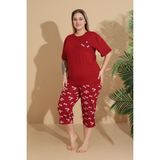 Temporium Kadın Curve Büyük Beden Milan Kumaş Kapri Kısa Kollu Pijama Takımı - Kırmızı - 3XL