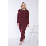 Temporium Kadın Kışlık Bordo Büyük Beden Yakası Düğmeli Uzun Kollu İnterlok Pijama Takımı