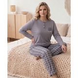 Temporium Kadın Kışlık Büyük Beden Curve Nakışlı Desenli Yakası Düğmeli Uzun Kollu Pijama Takımı - Gri - Açık Gri - 4XL