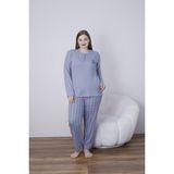 Temporium Kadın Kışlık Büyük Beden Curve Nakışlı Desenli Yakası Düğmeli Uzun Kollu Pijama Takımı - Gri - Açık Gri - 5XL