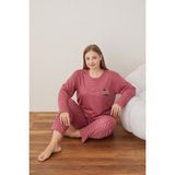 Temporium Kadın Kışlık Büyük Beden Curve Nakışlı Desenli Yakası Düğmeli Uzun Kollu Pijama Takımı - Kiremit - Siyah - 3XL