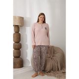 Temporium Kadın Kışlık Büyük Beden Curve Nakışlı Desenli Yakası Düğmeli Uzun Kollu Pijama Takımı - Leopar - 3XL
