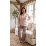 Temporium Kadın Kışlık Büyük Beden Curve Nakışlı Desenli Yakası Düğmeli Uzun Kollu Pijama Takımı - Leopar - Bej - 2XL