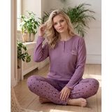 Temporium Kadın Kışlık Büyük Beden Curve Nakışlı Desenli Yakası Düğmeli Uzun Kollu Pijama Takımı - Lila - Antrasit - 5XL