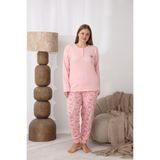 Temporium Kadın Kışlık Büyük Beden Curve Nakışlı Desenli Yakası Düğmeli Uzun Kollu Pijama Takımı - Somon-2 - 4XL