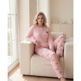Temporium Kadın Kışlık Büyük Beden Curve Nakışlı Desenli Yakası Düğmeli Uzun Kollu Pijama Takımı - Somon - 2XL