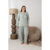 Temporium Kadın Kışlık Büyük Beden Curve Nakışlı Desenli Yakası Düğmeli Uzun Kollu Pijama Takımı - Yeşil - 3XL