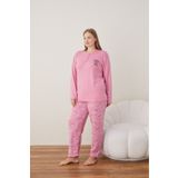 Temporium Kadın Kışlık Büyük Beden Curve Nakışlı Desenli Yakası Düğmeli Uzun Kollu Pijama Takımı