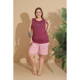Temporium Kadın Milan Kumaş Büyük Beden Curve Baskılı Desenli Şortlu Pijama Takımı - Bordo - 4XL