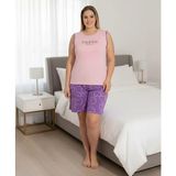 Temporium Kadın Milan Kumaş Büyük Beden Curve Baskılı Desenli Şortlu Pijama Takımı - Mor - 2XL