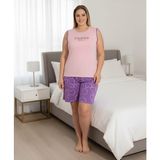 Temporium Kadın Milan Kumaş Büyük Beden Curve Baskılı Desenli Şortlu Pijama Takımı - Mor - 4XL