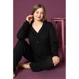 Temporium Kadın Siyah Büyük Beden Desenli Yakası Düğmeli Uzun Kollu Bambu Pijama Takımı - 3XL