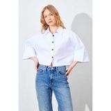 Tena Kadın Beyaz Düşük Kol Çımalı Crop Poplin Gömlek - S