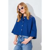 Tena Kadın Lacivert Düşük Kol Çımalı Crop Poplin Gömlek - S