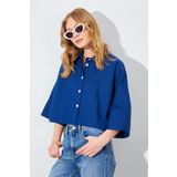 TENA Kadın Lacivert Düşük Kol Çımalı Crop Poplin Gömlek