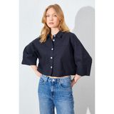 TENA Kadın Siyah Düşük Kol Çımalı Crop Poplin Gömlek