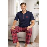 Tenra Erkek %100 Pamuk Pijama Takımı Lacivert Üst Kırmızı Ekose Alt Kısa Kol Regular Kesim