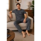 Tenra Erkek Pijama Takımı %100 Pamuk Düğmeli Yaka Kareli Alt