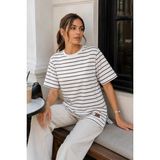 Tenra Kadın Beyaz Çizgili Oversize Kısa Kol Basic Tunik Tişört - Kahverengi - 3XL