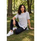 Tenra Kadın Beyaz Çizgili Oversize Kısa Kol Basic Tunik Tişört - Siyah - 2XL