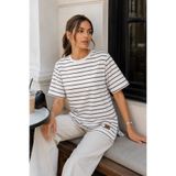 Tenra Kadın Beyaz Çizgili Oversize Kısa Kol Basic Tunik Tişört