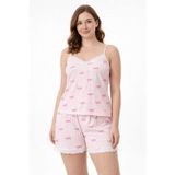 Tenra Kadın Pembe Çizgili Fiyonk Desenli İp Askılı Şortlu Pijama Takımı Dantel Detaylı