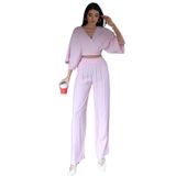 Tensel Kumaş Kruvaze Yaka Yandan Bağlamalı Crop Bluz ve Bol Paça Pantolon Takım (Pembe, M)