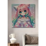 Teona Ahşap Anime Kawaii Kedi Kız İllüstrasyon Dekoratif Ahşap Dikdörtgen Ev,İşyeri Duvar Tablo