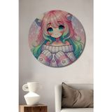 Teona Ahşap Anime Kawaii Kedi Kız İllüstrasyon Dekoratif Ahşap Mdf Yuvarlak Ev,İşyeri Duvar Tablo
