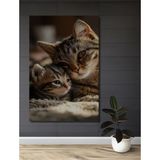 Teona Ahşap Anne Kedi Yavru Kedi Sevgi Dolu Bakışlar Yağlı Boya Görünümlü Ahşap Dekoratif Ev,antre,salon Tablo - 90 x 60 - Kırmızı