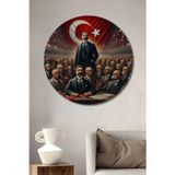 Teona Ahşap Atatürk İle Tarihi Kongre Ahşap Mdf Dekoratif Yuvarlak Ev,İşyeri Duvar Tablo