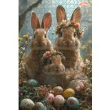 Teona Ahşap Bahar Çiçekleriyle Bezeli Tavşan Ailesi Çift Katlı Çerçeveli Asılabilir Ahşap Puzzle 500 PARÇA 50X30