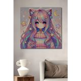 Teona Ahşap Kedi Kulaklı Anime Kız Pastel Tonlarda Dekoratif Ahşap Dikdörtgen Ev,İşyeri Duvar Tablo