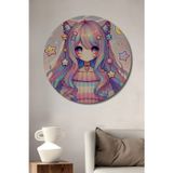 Teona Ahşap Kedi Kulaklı Anime Kız Pastel Tonlarda Dekoratif Ahşap Yuvarlak Ev,İşyeri Duvar Tablo