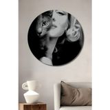 Teona Ahşap Marilyn Monroe Ve Kedi Siyah Beyaz Ahşap Mdf Dekoratif Yuvarlak Ev,İşyeri Duvar Tablo