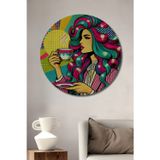 Teona Ahşap Retro Pop Art Kadın Portresi Dekoratif Ahşap Mdf Yuvarlak Ev,İşyeri Duvar Tablo
