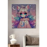Teona Ahşap Rüya Gibi Anime Kedi Kız Karakter Modern Sanat Ahşap Dekoratif Dikdörtgen Ev,İşyeri Duvar Tablo