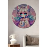 Teona Ahşap Rüya Gibi Anime Kedi Kız Karakter Modern Sanat Ahşap Dekoratif Yuvarlak Ev,İşyeri Duvar Tablo