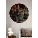 Teona Ahşap Şirin Kedi Vintage Ahşap Mdf Yuvarlak Ev,İşyeri Duvar Tablo