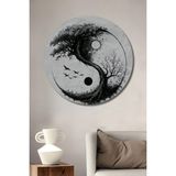 Teona Ahşap Yin Yang Ağaç ve Kuşlar Sulu Boya Görünümlü Ahşap Dekoratif Tablo Yuvarlak Duvar Tablosu - 40 x 40 - Yeşil
