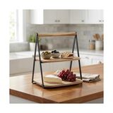 TeOra Store 2 Katlı Doğal Akasya Ahşap Sunum Standı - Siyah Metal Kulplu Kurabiyelik, Kek ve Kahvaltı Sunumluğu (28 x 20 x 27 Cm) - Option-1 - 51R-Turuncu