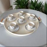 Tepsi -Ahşap Kulplu Büyük Boy Metal Çay Tepsisi Kahve Tepsisi Sunum Kahvaltı Tepsisii-40 cm - Krem