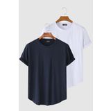Terapi Men 2'li Erkek Lacivert-Beyaz Kolları Katlı Oval Kesim Cepsiz Bisiklet Yaka T-shirt