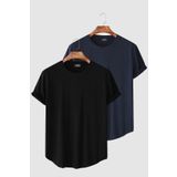 Terapi Men 2'li Erkek Lacivert-Siyah Kolları Katlı Oval Kesim Cepsiz Bisiklet Yaka T-shirt