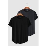 Terapi Men 2'li Erkek Siyah-Antrasit Kolları Katlı Oval Kesim Cepsiz Bisiklet Yaka T-shirt
