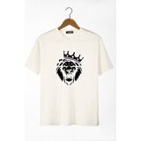 Terapi Men Erkek Ekru Aslan Baskılı Bisiklet Yaka Oversize Rahat Kalıp Basic T-Shirt 22Y-3400761-2