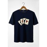 Terapi Men Erkek Lacivert Iskambil Kağıdı Baskılı Bisiklet Yaka Oversize T-Shirt 22Y-3400762-2