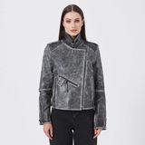 Tergan Gri Hakiki Deri Kadın Deri Biker Mont - K23KDM320402-U1H - 3XL - Gri_U1H