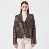 Tergan Kahve Hakiki Deri Kadın Hakiki Deri Biker Mont - K23KDM320402-U1I - Kahverengi_U1I - 3XL